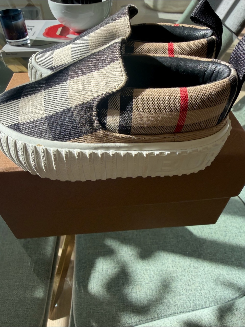 Burberry Beige Black Check Slip-On Kids Sneakers with Red Accent